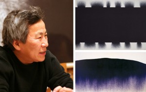 Photo of Il Lee next to an image of his artwork