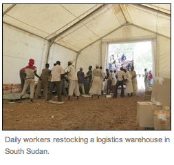 Workers restocking a logistics warehouse in South Sudan
