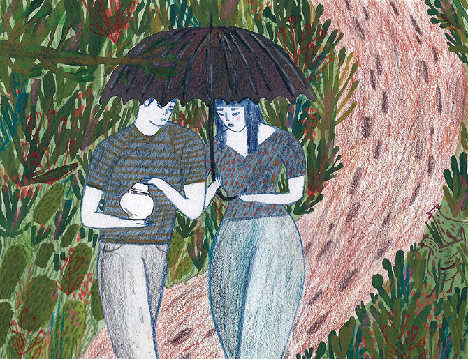 Illustration of two people holding an umbrella