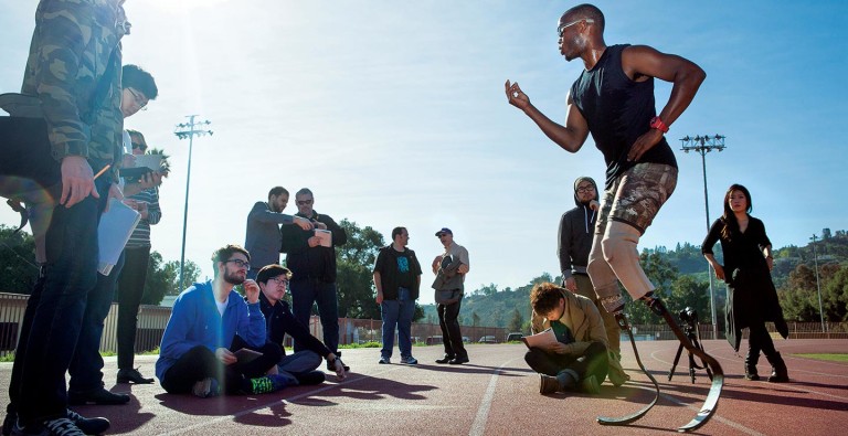 Track athlete with prosthetic legs